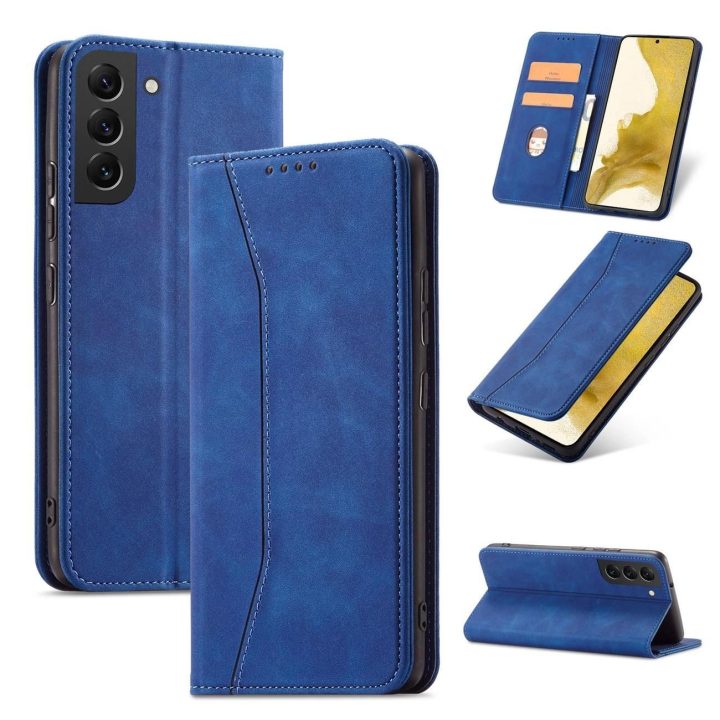 Magnetinis madingas dėklas Samsung Galaxy S22 + (S22 Plus) dėklas piniginės kortelės laikiklis mėlynas