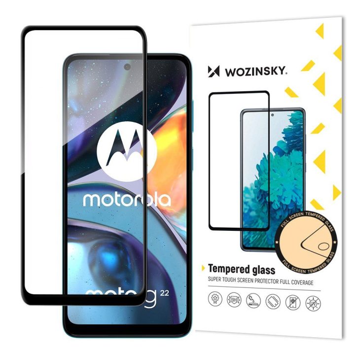 Labai patvarus visiškai klijuotas grūdintas stiklas per visą ekraną su rėmeliu, skirtas Motorola Moto G22 , juodos spalvos