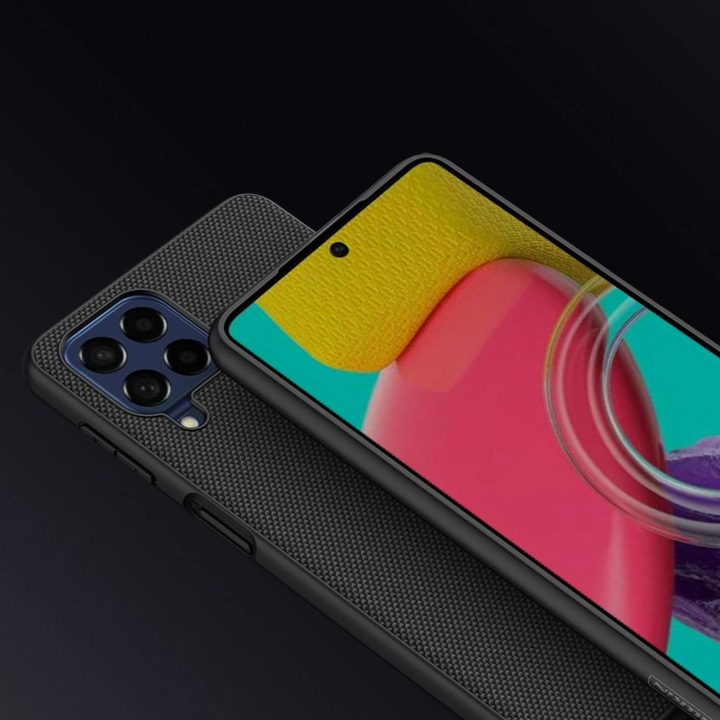 Nillkin tekstūruotas dėklas Patvarus sustiprintas dėklas su gelio rėmeliu ir nailonu nugarėlėje Samsung Galaxy M53 5G juodas