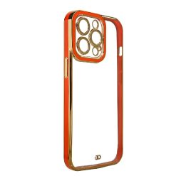 Madingas iPhone 13 Pro auksinio rėmelio gelinis dangtelis raudonas