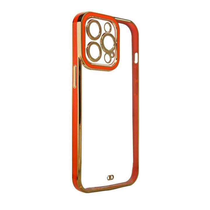 Madingas iPhone 13 Pro auksinio rėmelio gelinis dangtelis raudonas