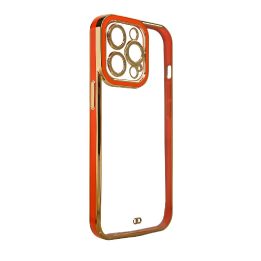 Madingas iPhone 13 Pro Max auksinio rėmelio gelinis dangtelis raudonas