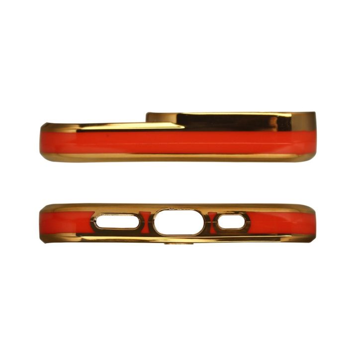 Madingas iPhone 13 Pro Max auksinio rėmelio gelinis dangtelis raudonas