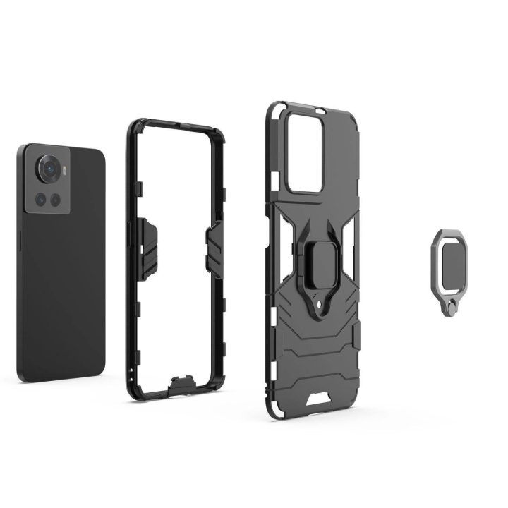 Ring Armor šarvuotas hibridinis korpuso dangtelis + magnetinis laikiklis, skirtas OnePlus Ace , juodas