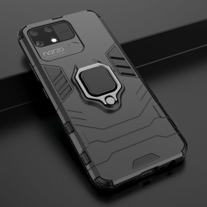 Ring Armor tvirtas hibridinis dėklas + magnetinis laikiklis Realme Narzo 50A , juodas