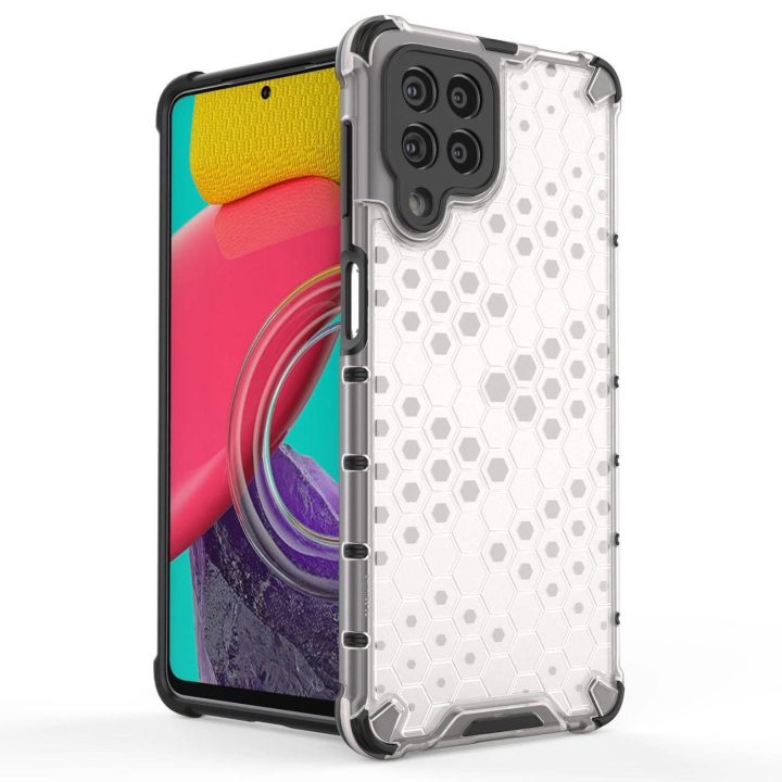 Honeycomb korpuso šarvuotas dangtelis su geliniu rėmeliu, skirtas Samsung Galaxy M53 5G , skaidrus
