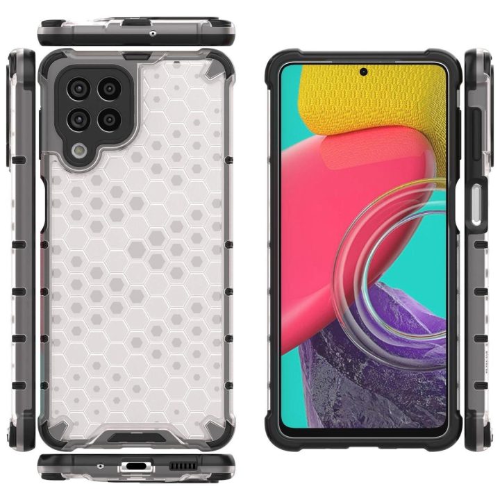 Honeycomb korpuso šarvuotas dangtelis su geliniu rėmeliu, skirtas Samsung Galaxy M53 5G , skaidrus