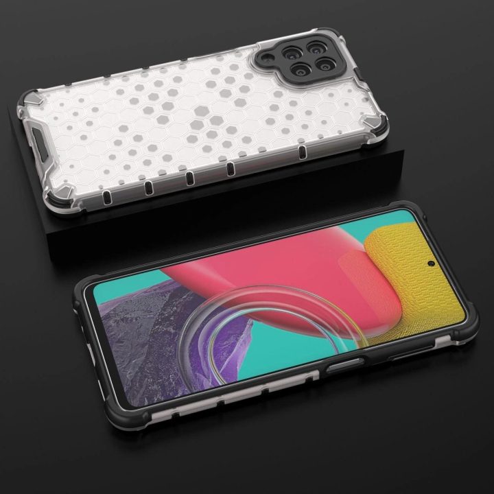 Honeycomb korpuso šarvuotas dangtelis su geliniu rėmeliu, skirtas Samsung Galaxy M53 5G , skaidrus