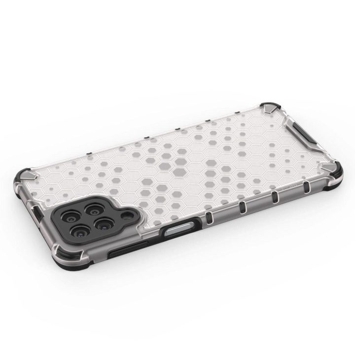 Honeycomb korpuso šarvuotas dangtelis su geliniu rėmeliu, skirtas Samsung Galaxy M53 5G , skaidrus