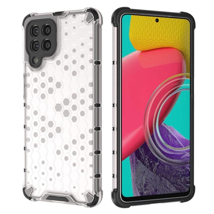 Honeycomb korpuso šarvuotas dangtelis su geliniu rėmeliu, skirtas Samsung Galaxy M53 5G , skaidrus