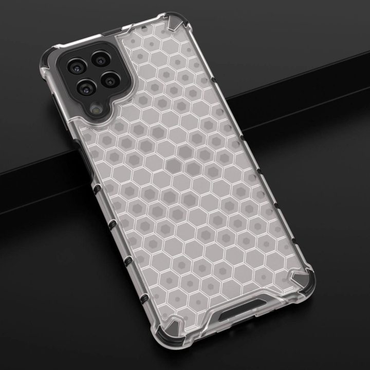 Honeycomb korpuso šarvuotas dangtelis su geliniu rėmeliu, skirtas Samsung Galaxy M53 5G , skaidrus