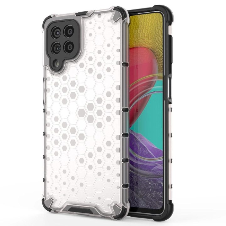 Honeycomb korpuso šarvuotas dangtelis su geliniu rėmeliu, skirtas Samsung Galaxy M53 5G , skaidrus
