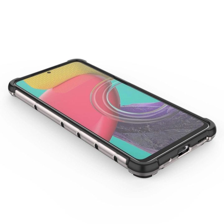 Honeycomb dėklas su geliniu rėmeliu, skirtas Samsung Galaxy M53 5G , juodos spalvos