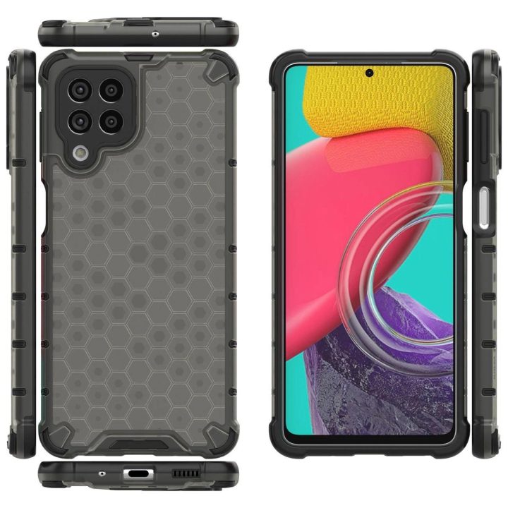 Honeycomb dėklas su geliniu rėmeliu, skirtas Samsung Galaxy M53 5G , juodos spalvos