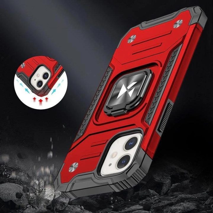 iPhone 14 Plus šarvuotas dangtelis su magnetiniu laikikliu žiedas raudonas