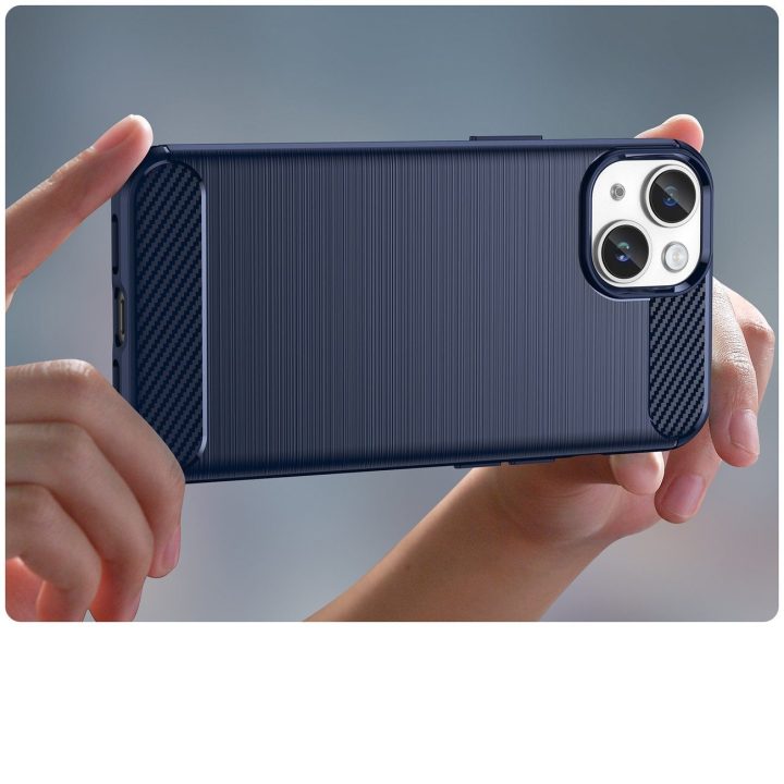 Carbon Case iPhone 14 dėklas su lanksčiu geliniu galiniu dangteliu, mėlynos spalvos