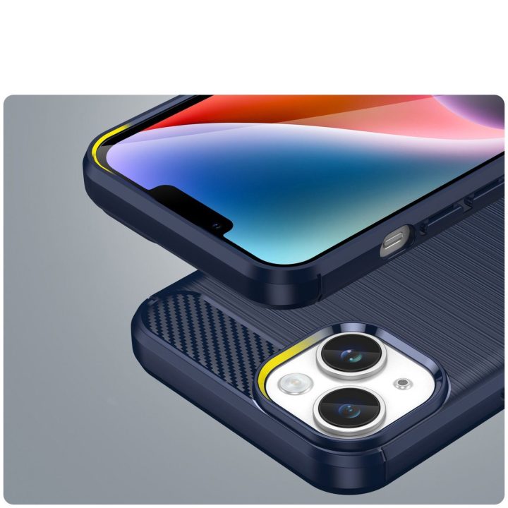 Carbon Case iPhone 14 dėklas su lanksčiu geliniu galiniu dangteliu, mėlynos spalvos