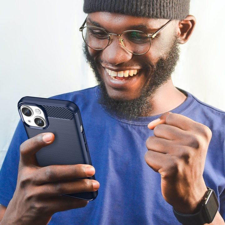 Carbon Case iPhone 14 dėklas su lanksčiu geliniu galiniu dangteliu, mėlynos spalvos