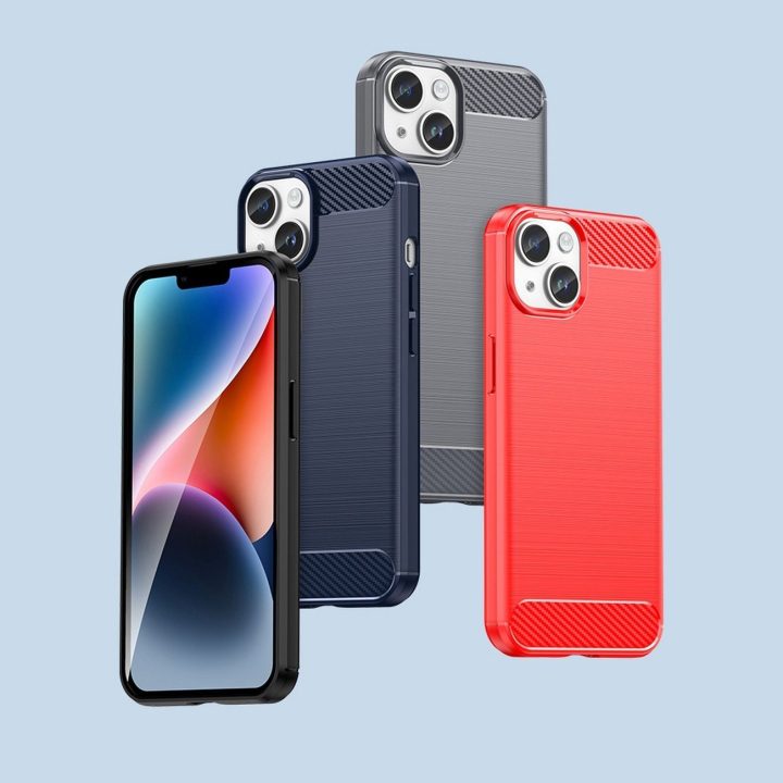 Carbon Case iPhone 14 dėklas su lanksčiu geliniu galiniu dangteliu, mėlynos spalvos