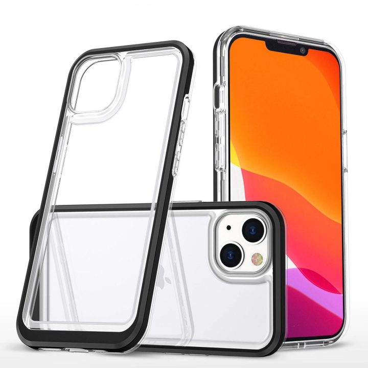 Skaidrus iPhone 14 Plus 3in1 dėklas su silikoniniu dangteliu ir rėmeliu, juodas