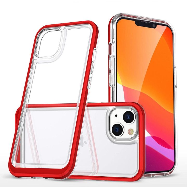 Skaidrus iPhone 14 Plus 3in1 dėklas, silikoninis dangtelis su rėmeliu, raudonas