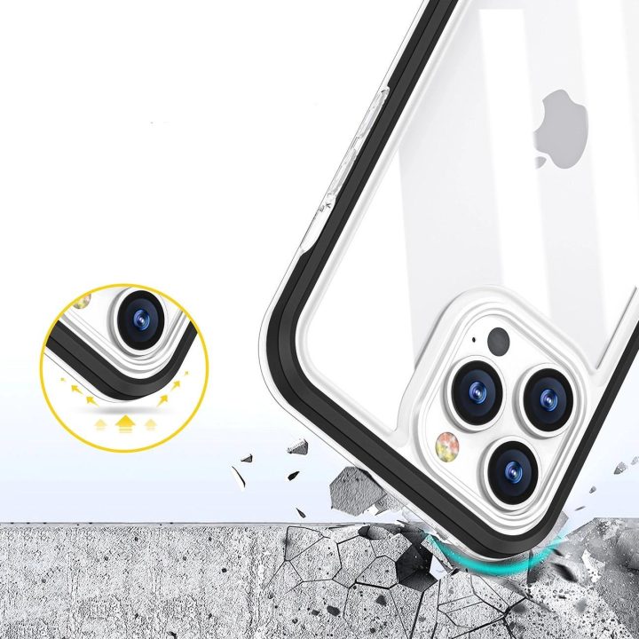 Skaidrus iPhone 14 Pro 3in1 dėklas su silikoniniu dangteliu ir rėmeliu, juodas