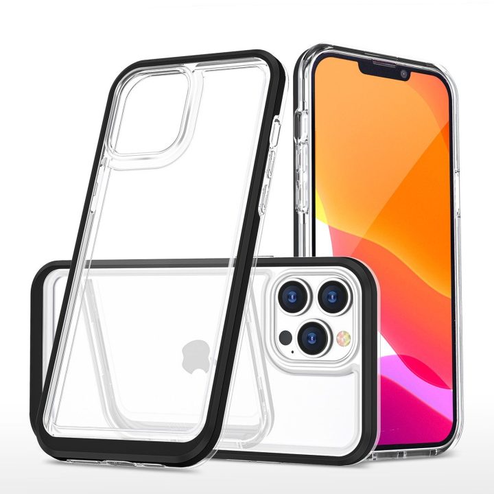 Skaidrus 3in1 dėklas iPhone 14 Pro Max silikoninis dangtelis su rėmeliu juodas
