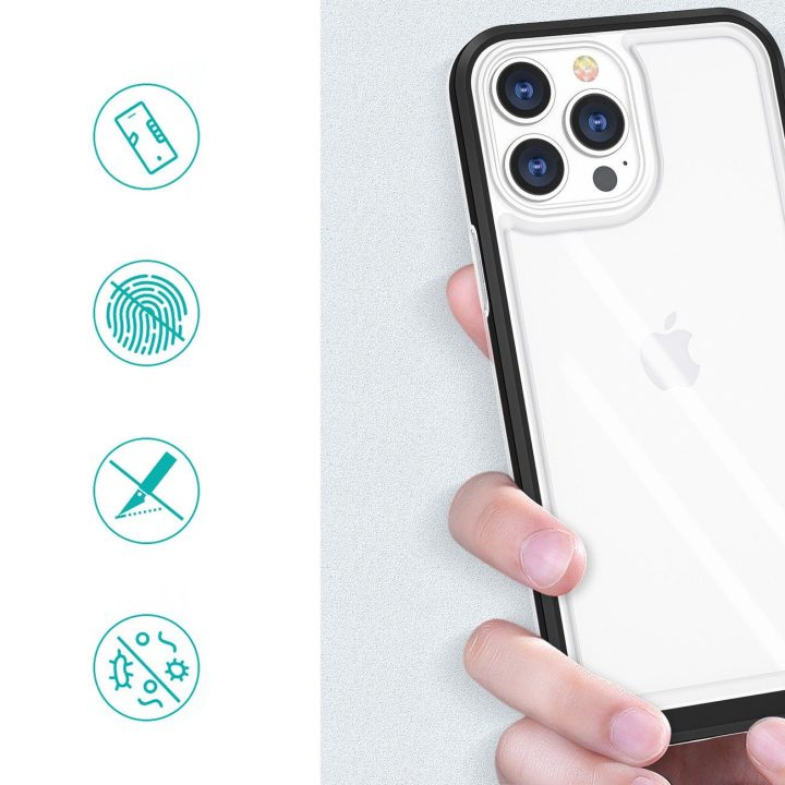 Skaidrus 3in1 dėklas iPhone 14 Pro Max silikoninis dangtelis su rėmeliu juodas