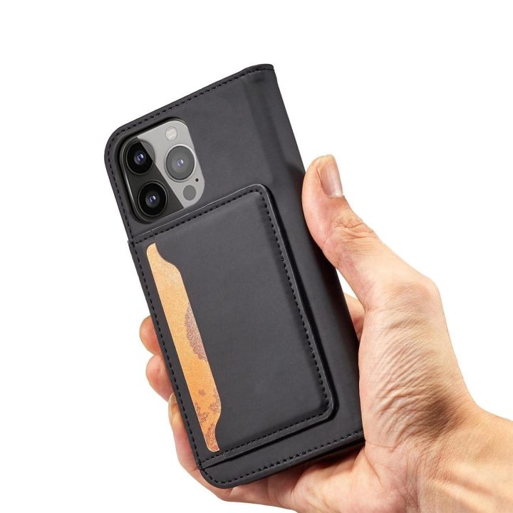 Magnetinis kortelių dėklas iPhone 14 flip cover piniginės stovas juodas
