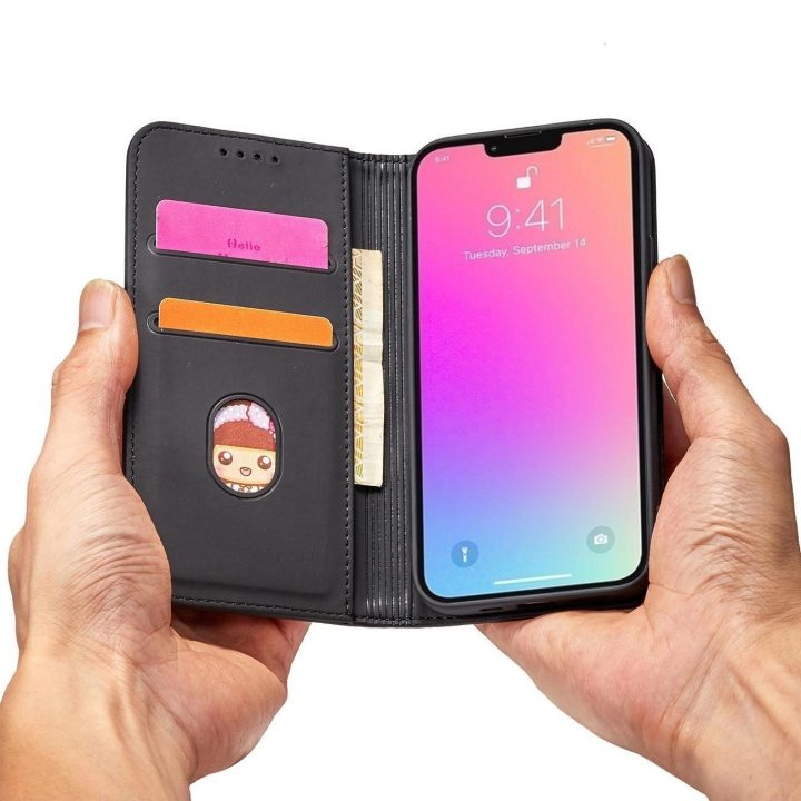 Magnetinis kortelių dėklas iPhone 14 flip cover piniginės stovas juodas