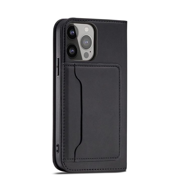 Magnetinis kortelių dėklas iPhone 14 flip cover piniginės stovas juodas