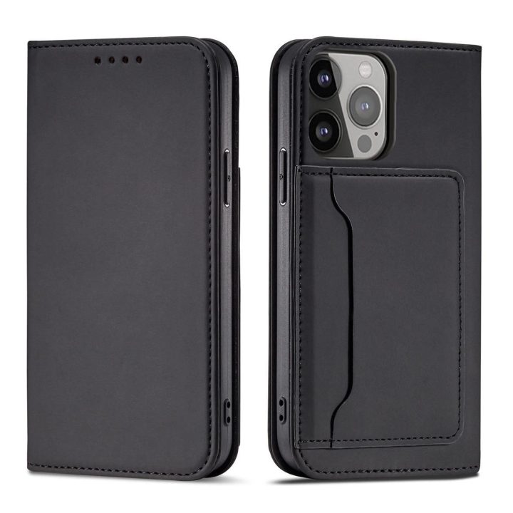 Magnetinis kortelės dėklas iPhone 14 Plus apverčiamojo dangtelio piniginės stovas juodas