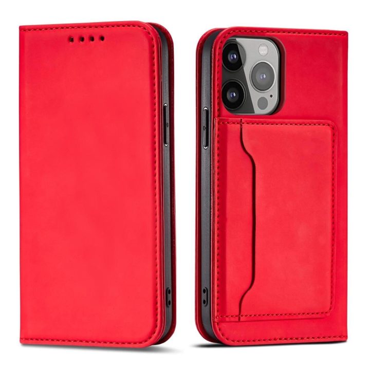 Magnetinis kortelės dėklas iPhone 14 Plus flip cover piniginės stovas raudonas