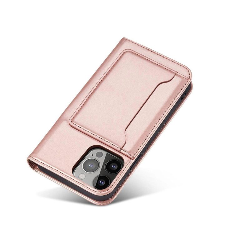 Magnetinis kortelės dėklas iPhone 14 Pro flip cover wallet stand pink