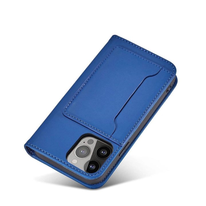 Magnetinis kortelių dėklas iPhone 14 Pro Max flip cover wallet stand blue