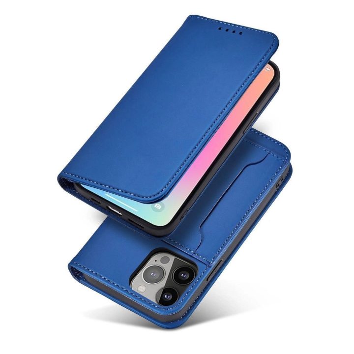 Magnetinis kortelių dėklas iPhone 14 Pro Max flip cover wallet stand blue