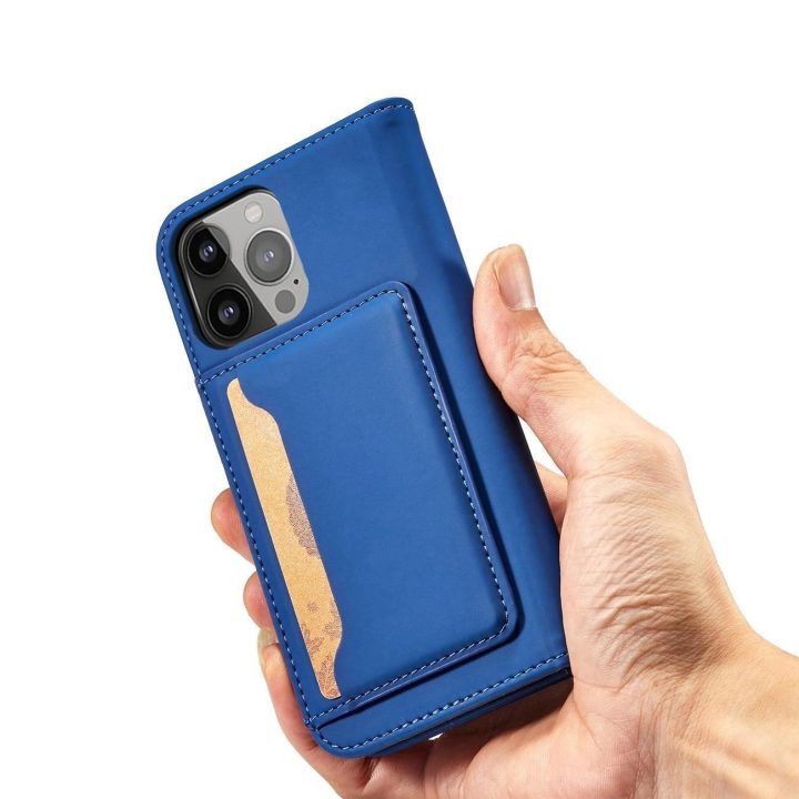 Magnetinis kortelių dėklas iPhone 14 Pro Max flip cover wallet stand blue