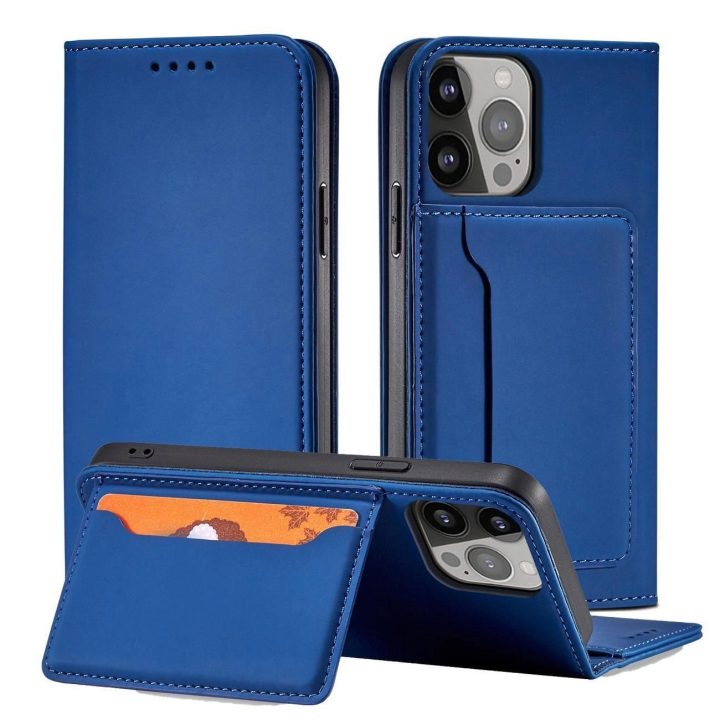 Magnetinis kortelių dėklas iPhone 14 Pro Max flip cover wallet stand blue