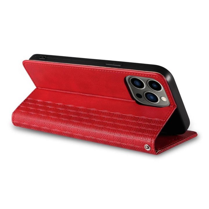 Magneto dirželio dėklas iPhone 14 Plus dėklas su atlenkiama pinigine, mini dirželiu, raudonos spalvos