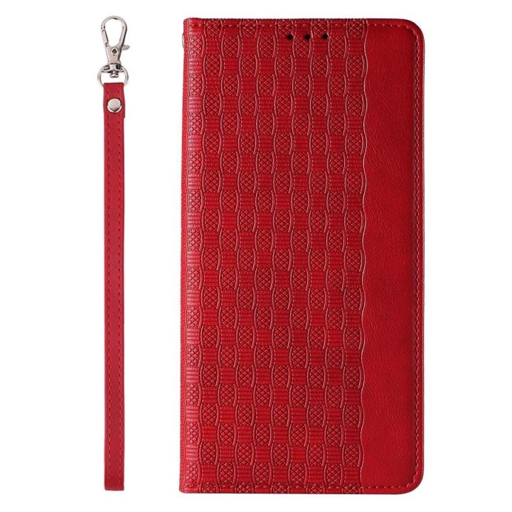 Magneto dirželio dėklas iPhone 14 Plus dėklas su atlenkiama pinigine, mini dirželiu, raudonos spalvos