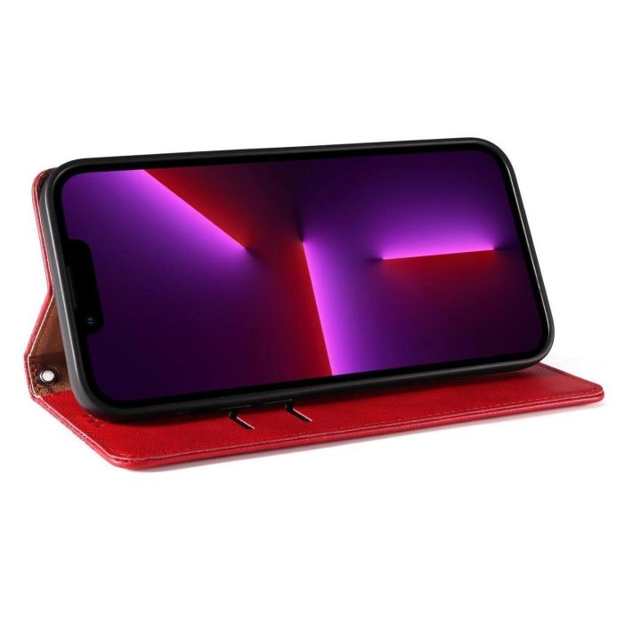 Magneto dirželio dėklas iPhone 14 Plus dėklas su atlenkiama pinigine, mini dirželiu, raudonos spalvos