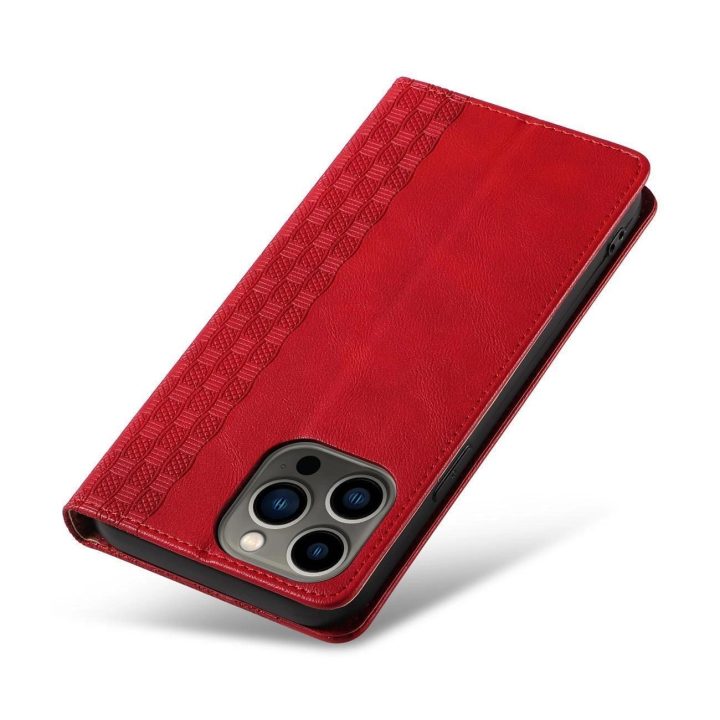 Magneto dirželio dėklas iPhone 14 Plus dėklas su atlenkiama pinigine, mini dirželiu, raudonos spalvos