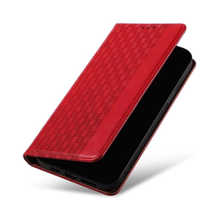 Magneto dirželio dėklas iPhone 14 Plus dėklas su atlenkiama pinigine, mini dirželiu, raudonos spalvos