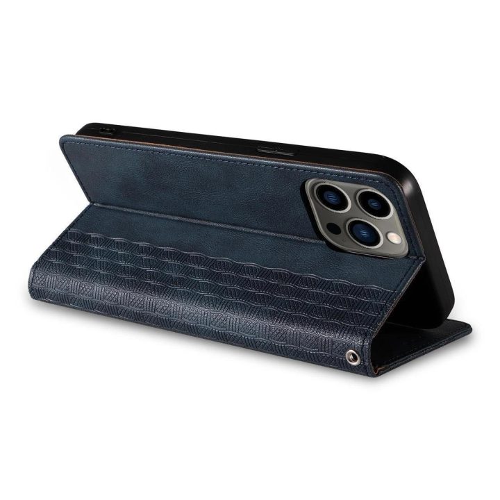 Magneto dirželio dėklas iPhone 14 Pro Flip Wallet Mini Lanyard Stand Blue