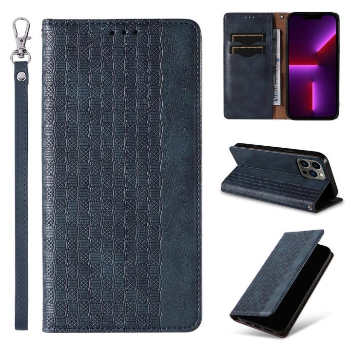 Magneto dirželio dėklas iPhone 14 Pro Flip Wallet Mini Lanyard Stand Blue