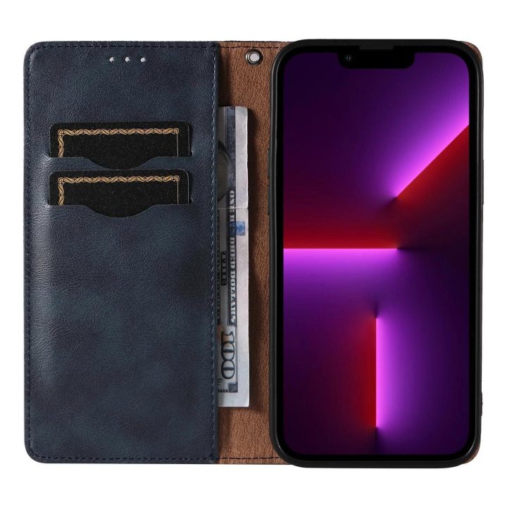 Magneto dirželio dėklas iPhone 14 Pro Flip Wallet Mini Lanyard Stand Blue