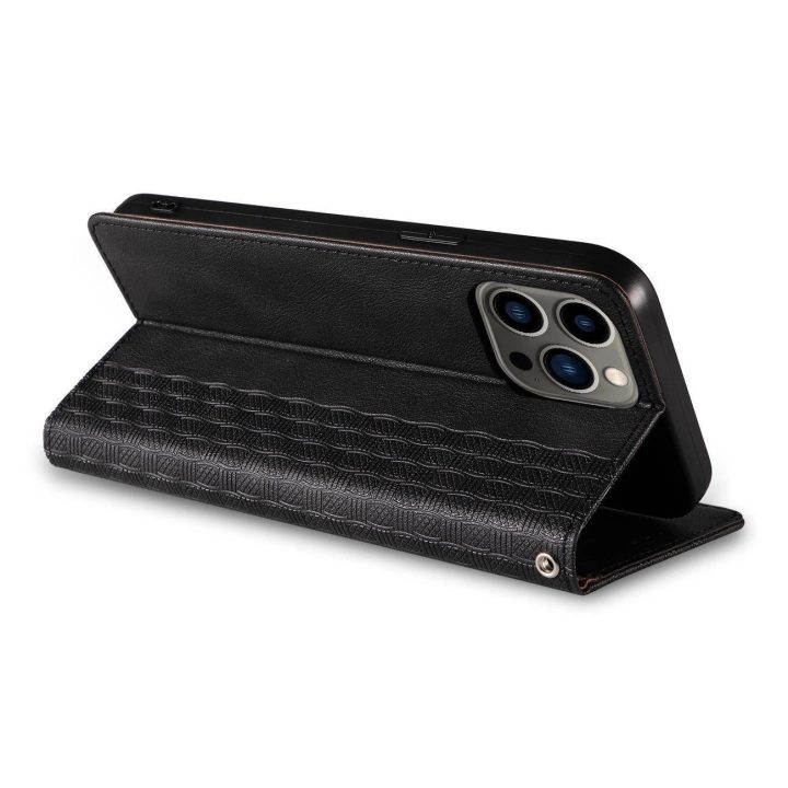 Magneto dirželio dėklas iPhone 14 Pro Max Flip Wallet Mini Lanyard Stand Black dėklas