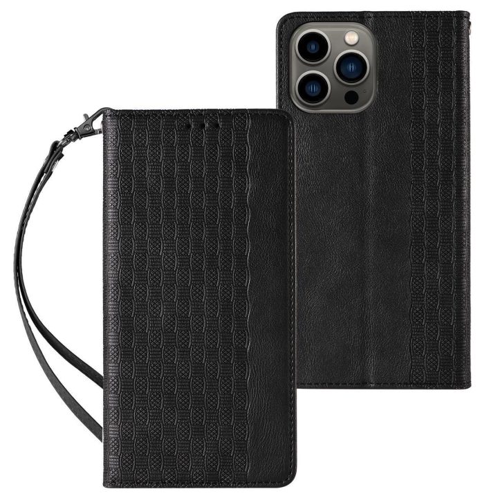Magneto dirželio dėklas iPhone 14 Pro Max Flip Wallet Mini Lanyard Stand Black dėklas