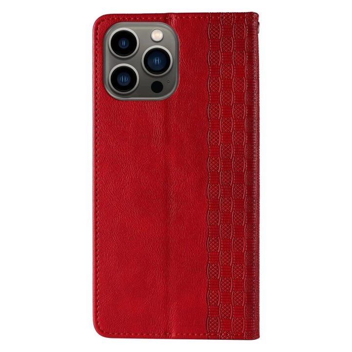 Magneto dirželio dėklas iPhone 14 Pro Max Flip Wallet Mini Lanyard Stand Red dėklas
