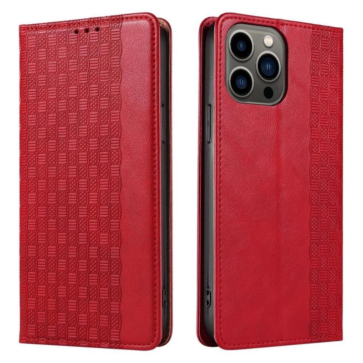 Magneto dirželio dėklas iPhone 14 Pro Max Flip Wallet Mini Lanyard Stand Red dėklas